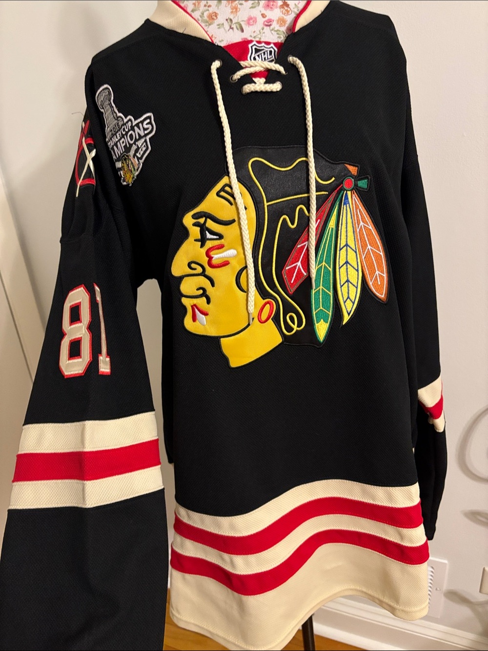 NHL Chicago Blackhawks Black Lace-Up Hockey Jersey with Red & Cream, Reebox